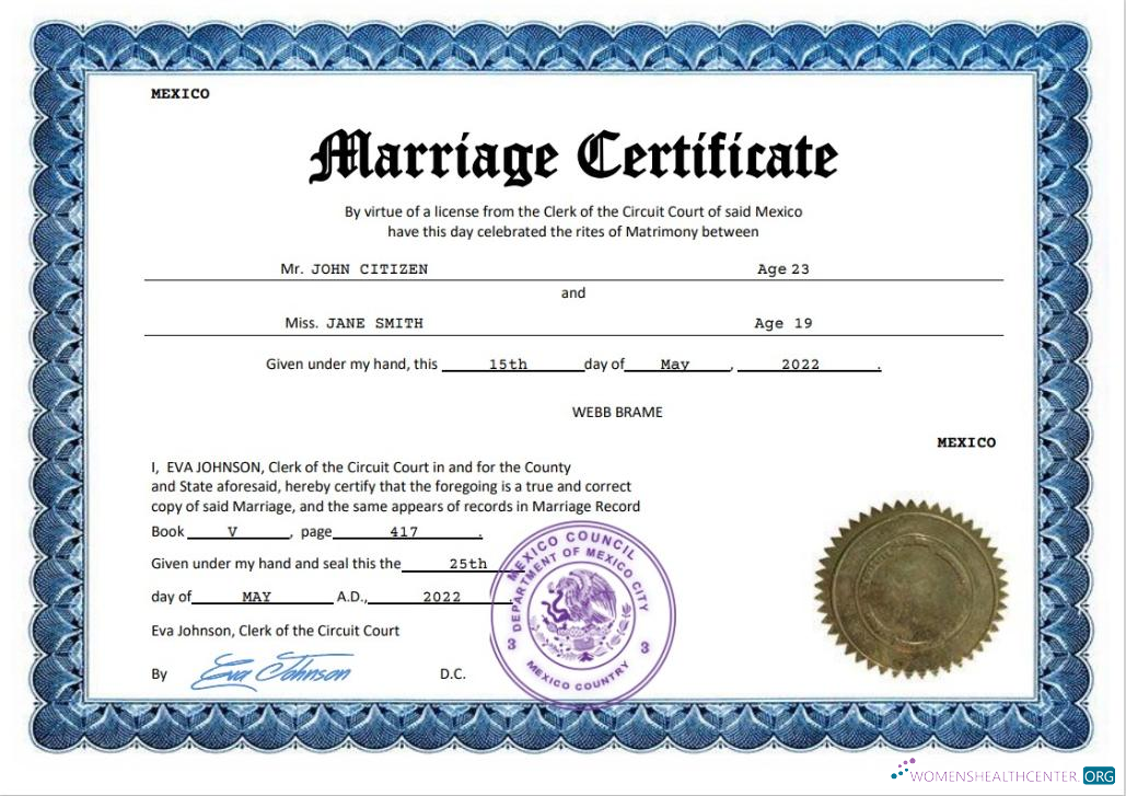 Download Mexico marriage certificate Word and PDF template Photoshop template